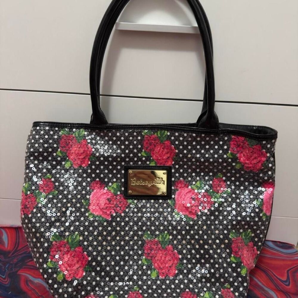 Vintage Betseyville Betsey Johnson Rose Polka Dot Sequin Tote Bag